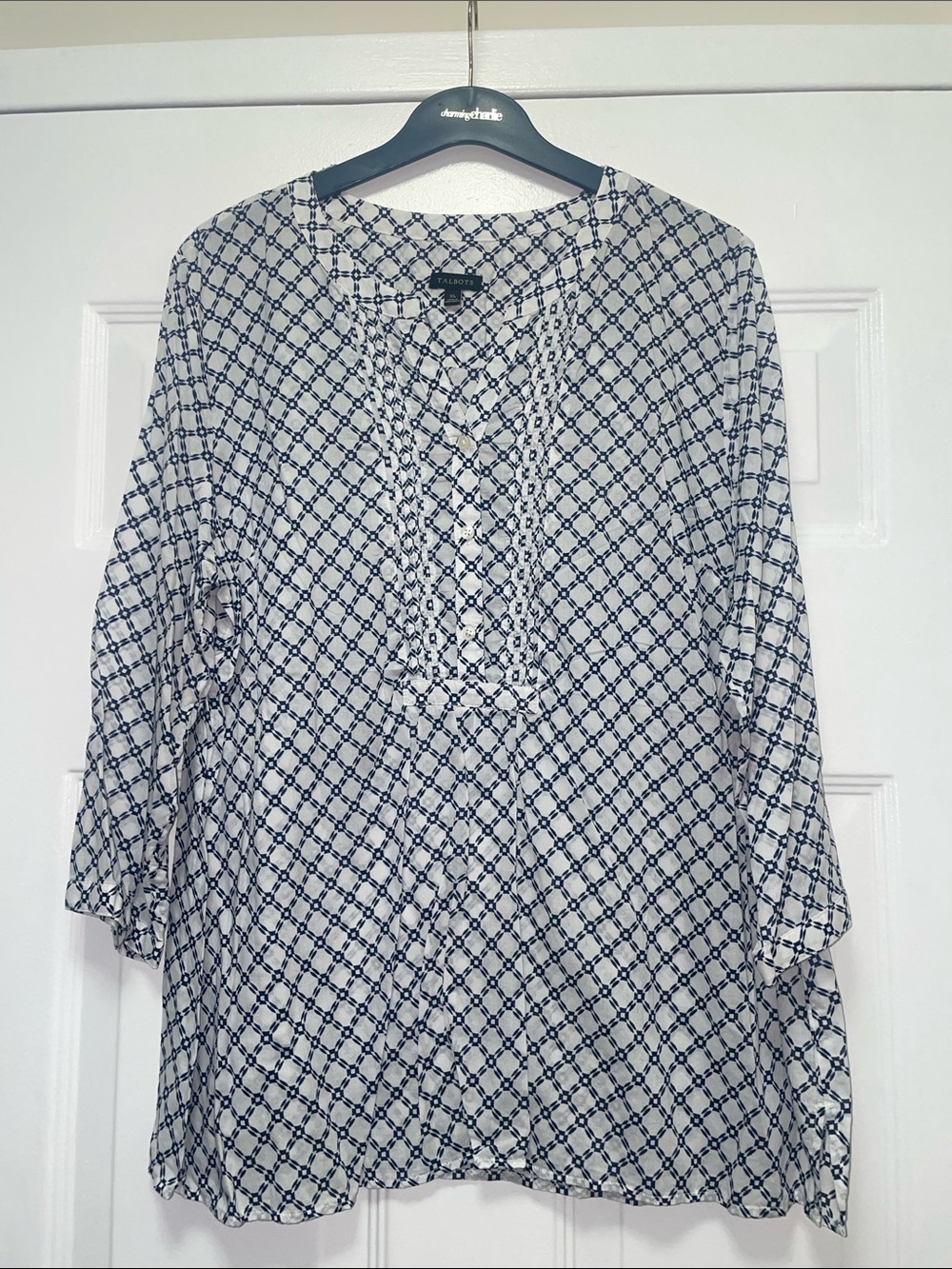Talbots Navy and White Printed Tunic Blouse